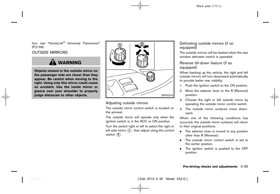 Outside mirrors -35, Warning | NISSAN 2013 Quest - Owner's Manual User Manual | Page 179 / 485