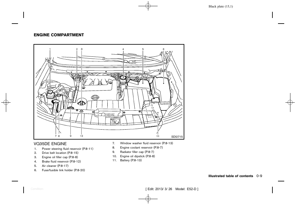 Engine compartment -9, Vq35de engine -9 | NISSAN 2013 Quest - Owner's Manual User Manual | Page 19 / 485