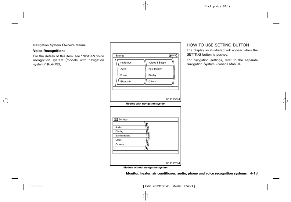 How to use setting button -13 | NISSAN 2013 Quest - Owner's Manual User Manual | Page 197 / 485