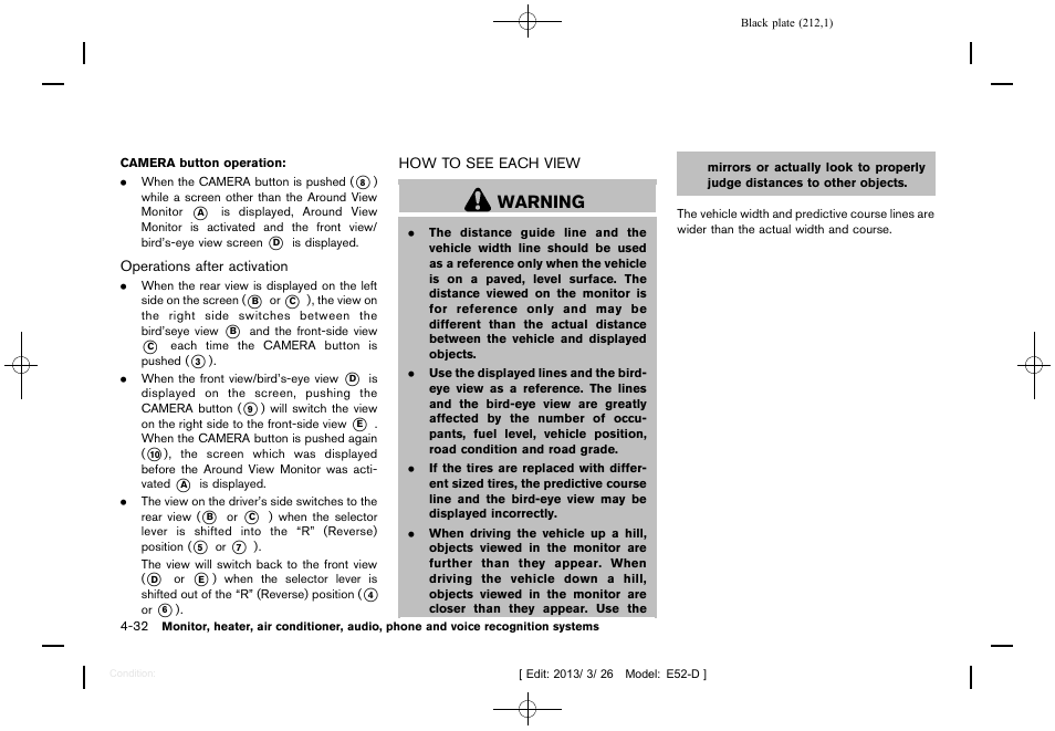 How to see each view -32, Warning | NISSAN 2013 Quest - Owner's Manual User Manual | Page 216 / 485