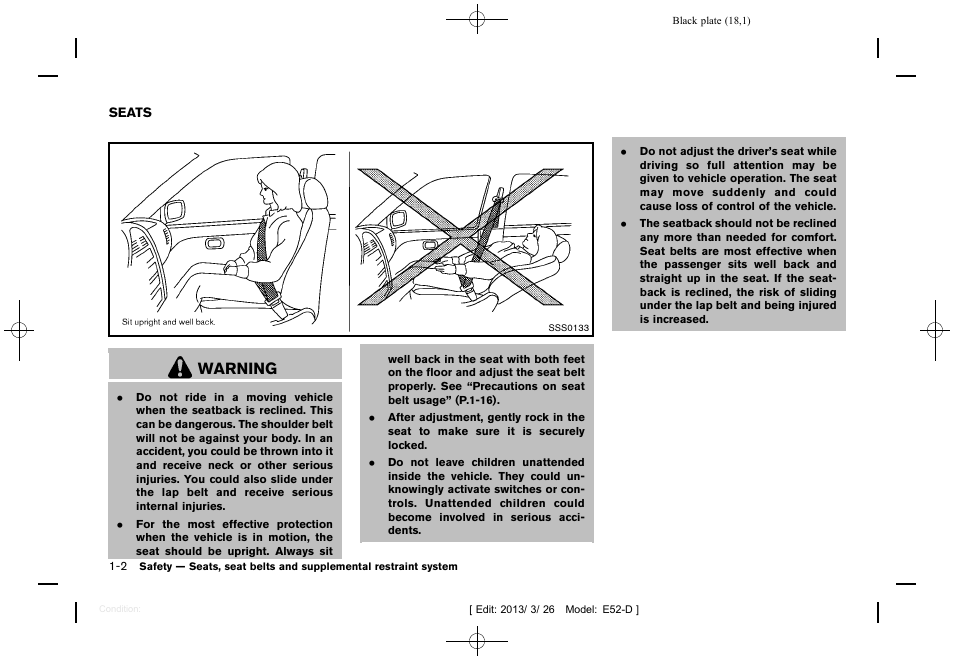 Seats -2, Warning | NISSAN 2013 Quest - Owner's Manual User Manual | Page 22 / 485