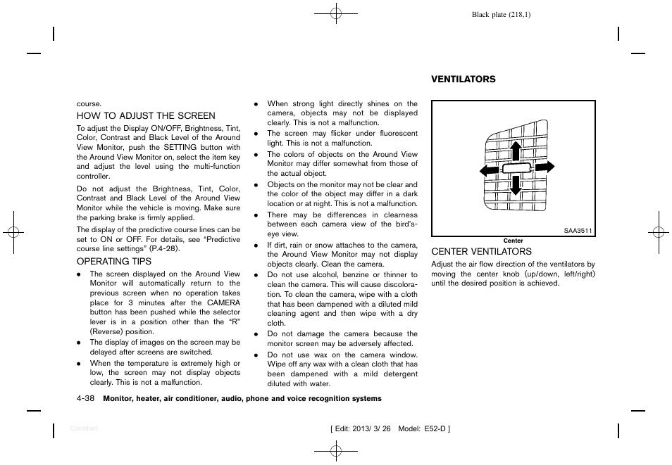 How to adjust the screen -38 operating tips -38, Ventilators -38, Center ventilators -38 | NISSAN 2013 Quest - Owner's Manual User Manual | Page 222 / 485