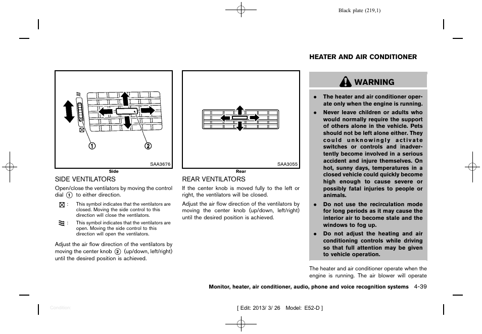 Side ventilators -39 rear ventilators -39, Heater and air conditioner -39, Warning | NISSAN 2013 Quest - Owner's Manual User Manual | Page 223 / 485