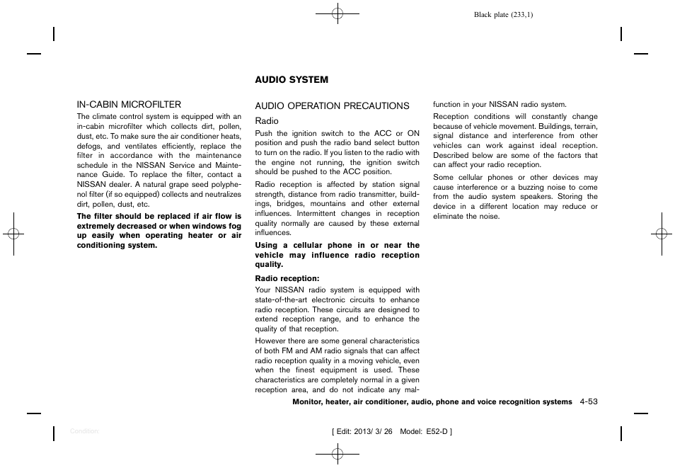 In-cabin microfilter -53, Audio system -53, Audio operation precautions -53 | NISSAN 2013 Quest - Owner's Manual User Manual | Page 237 / 485