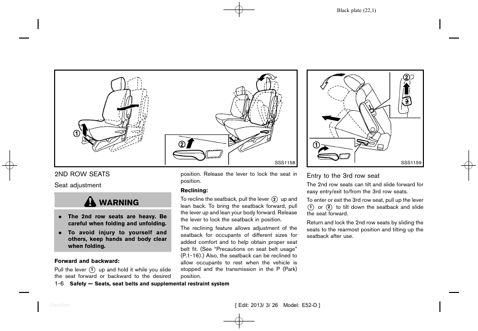 2nd row seats -6, Warning | NISSAN 2013 Quest - Owner's Manual User Manual | Page 26 / 485