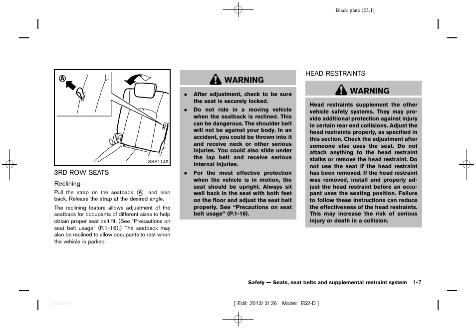 3rd row seats -7 head restraints -7, Warning | NISSAN 2013 Quest - Owner's Manual User Manual | Page 27 / 485