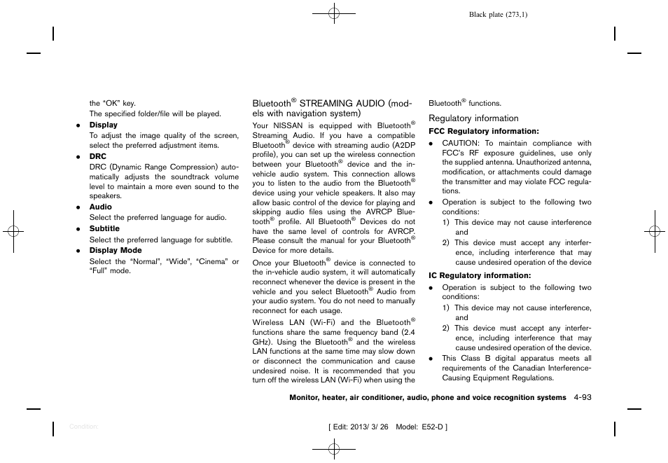 Bluetooth, Streaming audio (models with, Navigation system) -93 | NISSAN 2013 Quest - Owner's Manual User Manual | Page 277 / 485