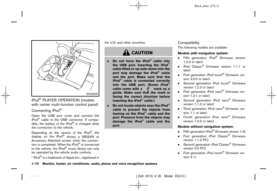 Ipod, Player operation (models with center, Multi-function control panel) -98 | Caution | NISSAN 2013 Quest - Owner's Manual User Manual | Page 282 / 485