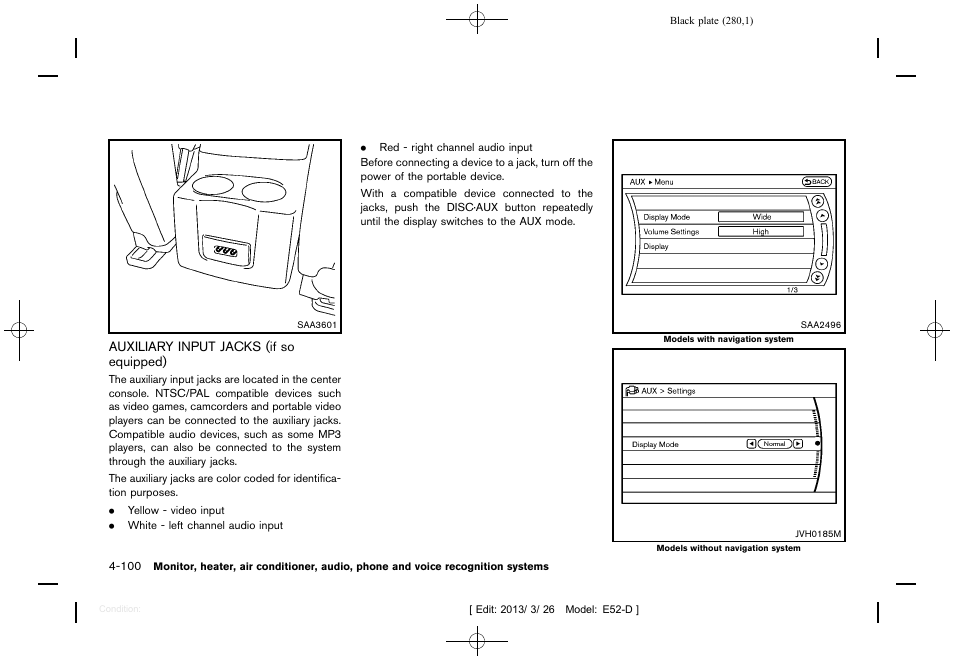 Auxiliary input jacks (if so equipped) -100 | NISSAN 2013 Quest - Owner's Manual User Manual | Page 284 / 485