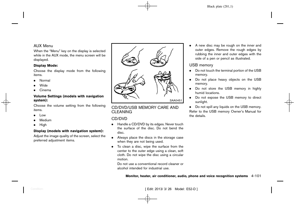 Cd/dvd/usb memory care and cleaning -101 | NISSAN 2013 Quest - Owner's Manual User Manual | Page 285 / 485