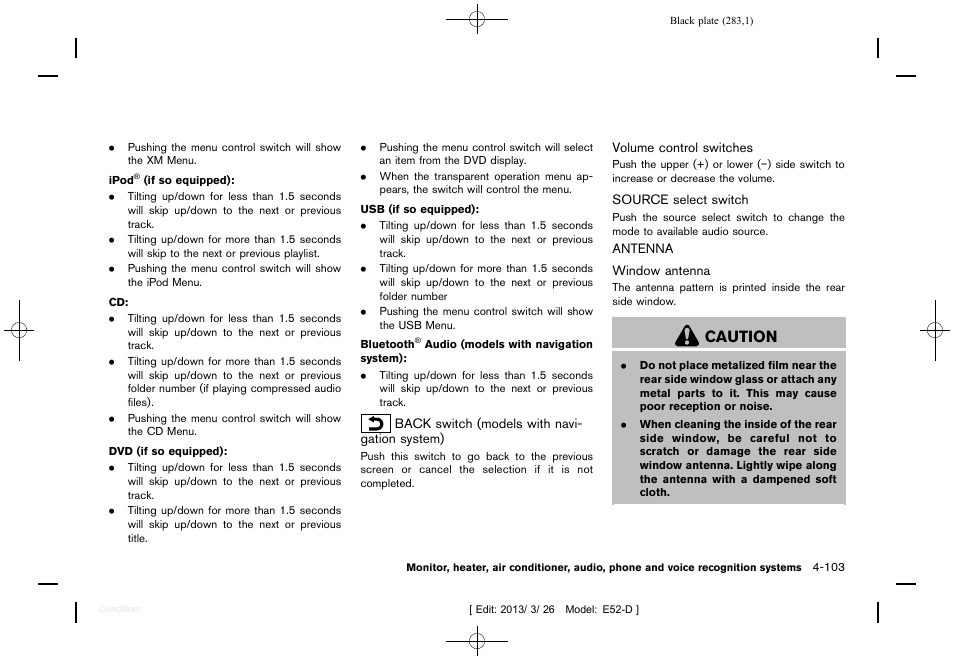 Antenna -103, Caution | NISSAN 2013 Quest - Owner's Manual User Manual | Page 287 / 485