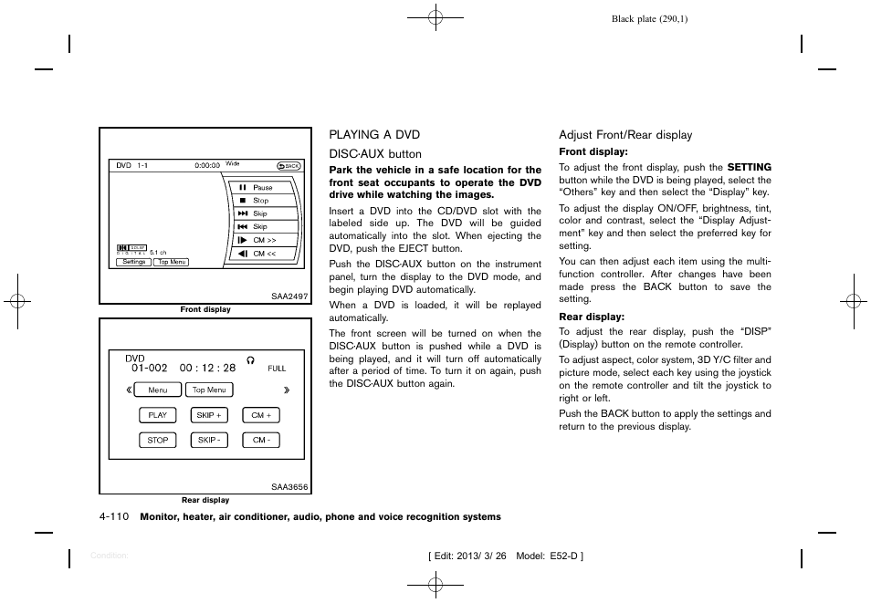 Playing a dvd -110 | NISSAN 2013 Quest - Owner's Manual User Manual | Page 294 / 485