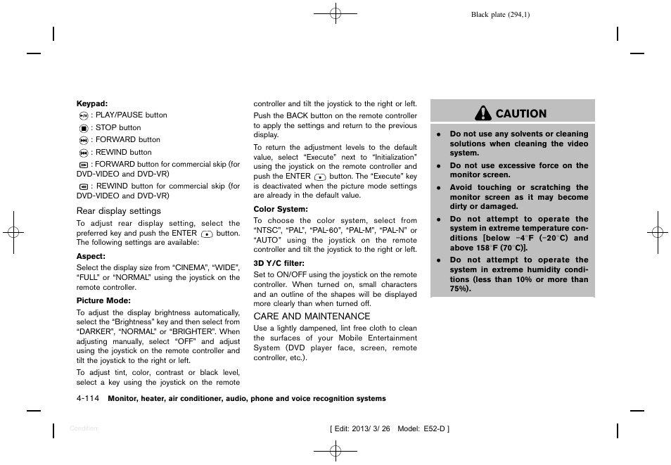 Care and maintenance -114, Caution | NISSAN 2013 Quest - Owner's Manual User Manual | Page 298 / 485