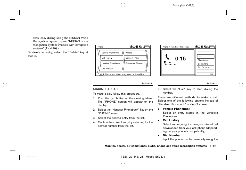 Making a call -121 | NISSAN 2013 Quest - Owner's Manual User Manual | Page 305 / 485