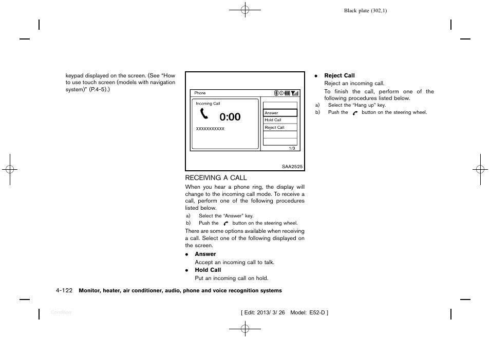 Receiving a call -122 | NISSAN 2013 Quest - Owner's Manual User Manual | Page 306 / 485