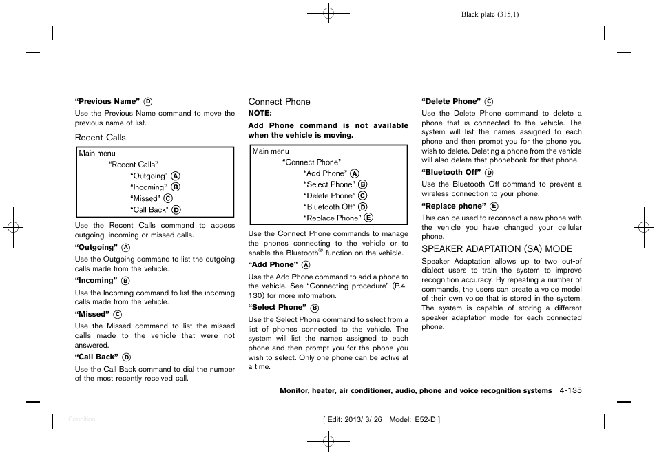 Speaker adaptation (sa) mode -135 | NISSAN 2013 Quest - Owner's Manual User Manual | Page 319 / 485