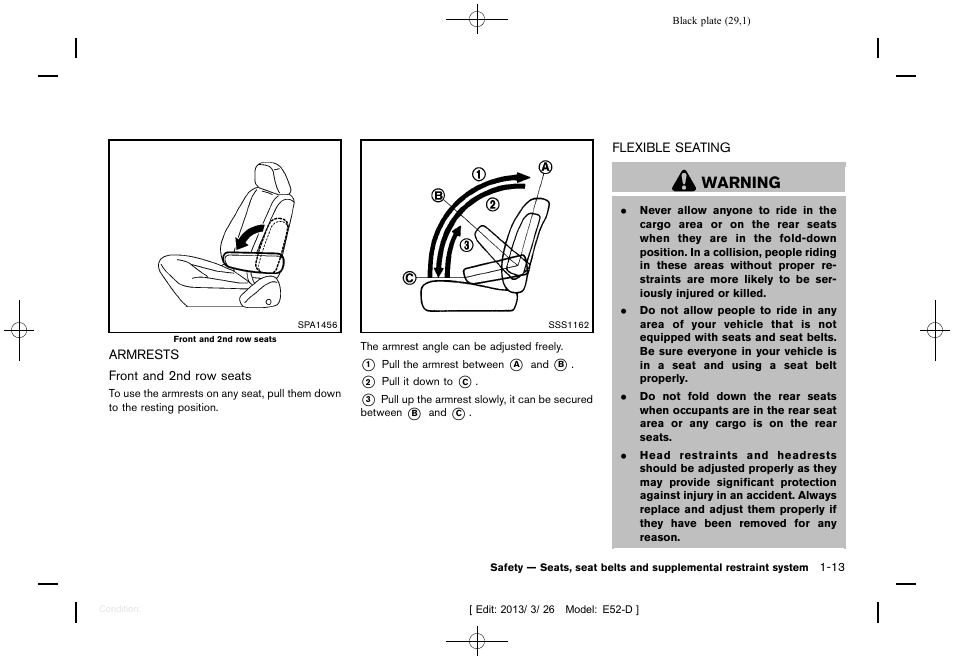 Armrests -13 flexible seating -13, Warning | NISSAN 2013 Quest - Owner's Manual User Manual | Page 33 / 485