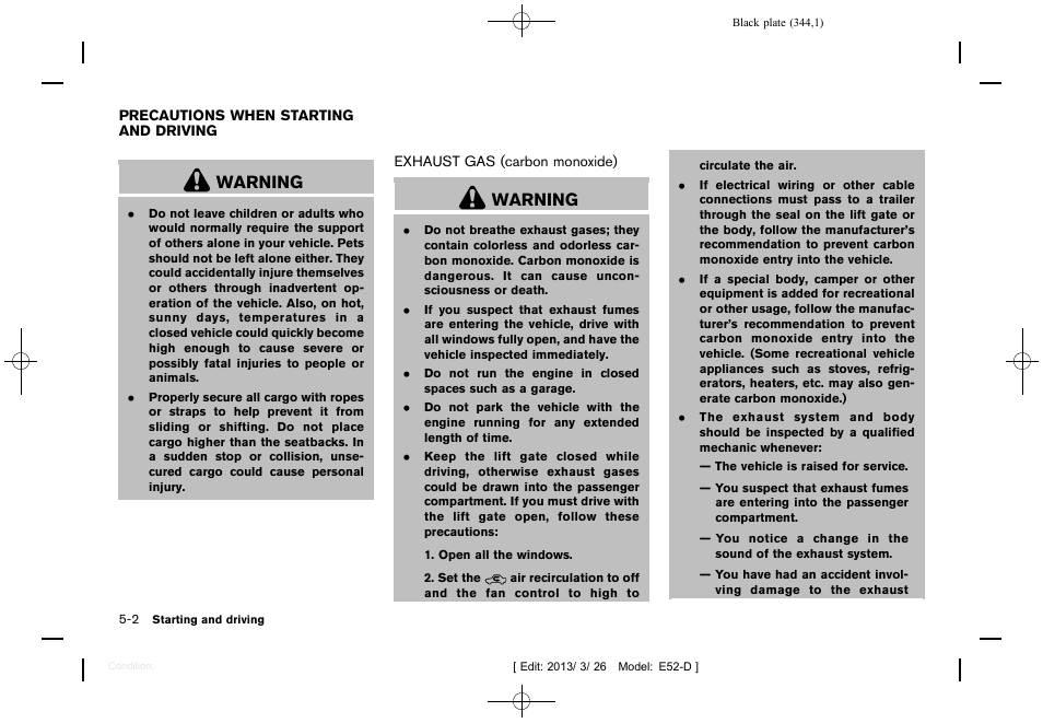 Precautions when starting and driving -2, Exhaust gas (carbon monoxide) -2, Warning | NISSAN 2013 Quest - Owner's Manual User Manual | Page 348 / 485