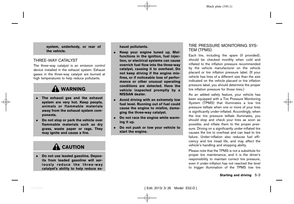 Warning, Caution | NISSAN 2013 Quest - Owner's Manual User Manual | Page 349 / 485