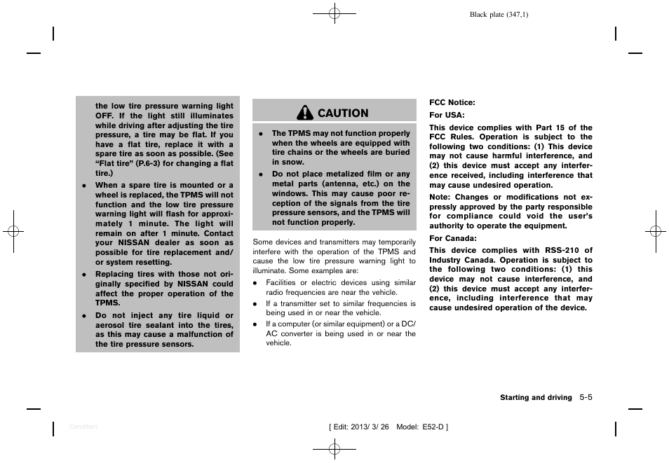 Caution | NISSAN 2013 Quest - Owner's Manual User Manual | Page 351 / 485