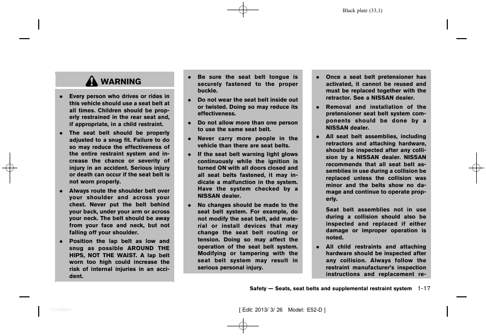 Warning | NISSAN 2013 Quest - Owner's Manual User Manual | Page 37 / 485