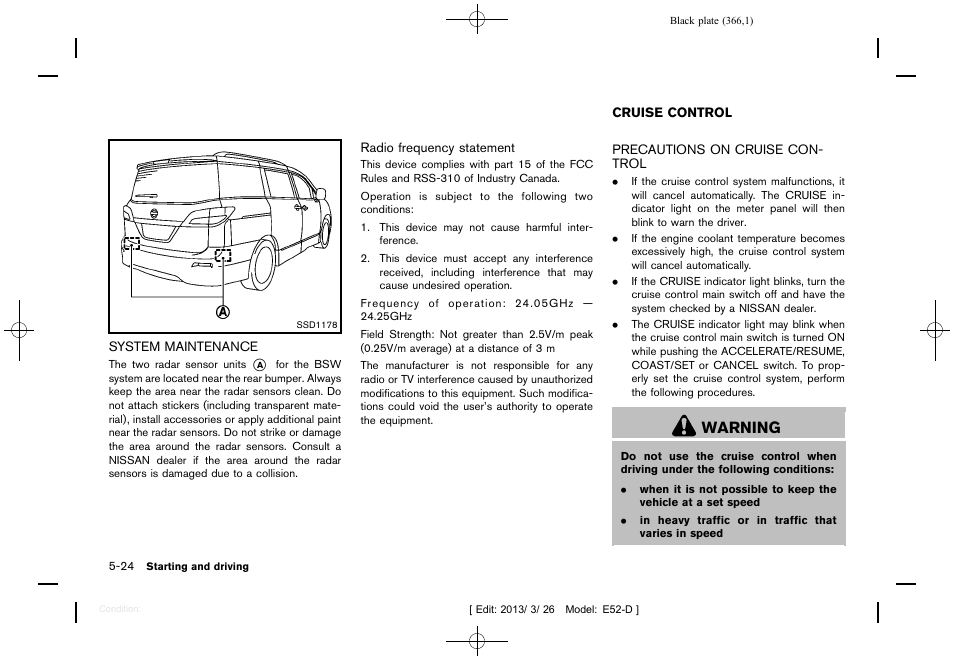 System maintenance -24, Cruise control -24, Precautions on cruise control -24 | Warning | NISSAN 2013 Quest - Owner's Manual User Manual | Page 370 / 485