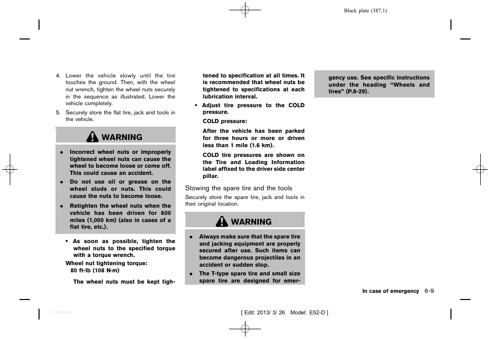 Warning | NISSAN 2013 Quest - Owner's Manual User Manual | Page 391 / 485