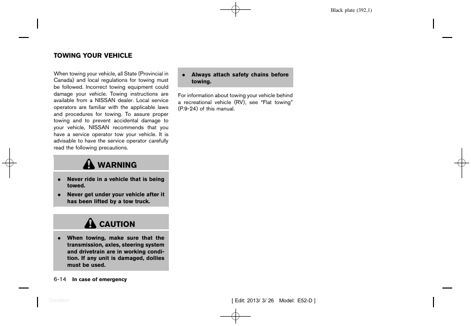 Towing your vehicle -14, Warning, Caution | NISSAN 2013 Quest - Owner's Manual User Manual | Page 396 / 485