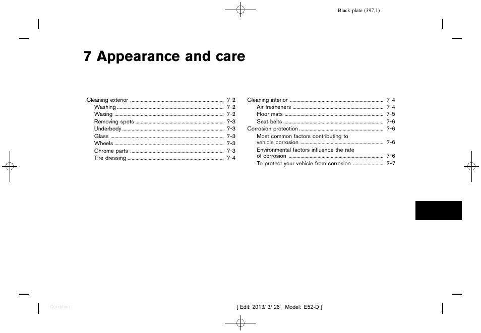 Appearance and care, 7 appearance and care | NISSAN 2013 Quest - Owner's Manual User Manual | Page 401 / 485