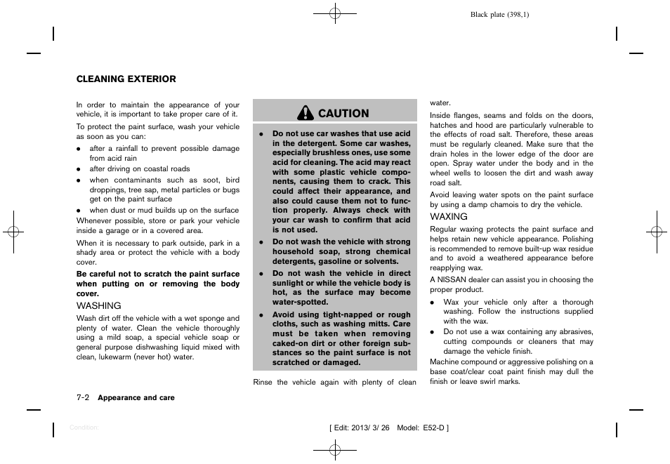 Cleaning exterior -2, Washing -2 waxing -2, Caution | NISSAN 2013 Quest - Owner's Manual User Manual | Page 402 / 485