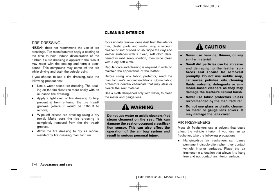 Tire dressing -4, Cleaning interior -4, Air fresheners -4 | Warning, Caution | NISSAN 2013 Quest - Owner's Manual User Manual | Page 404 / 485