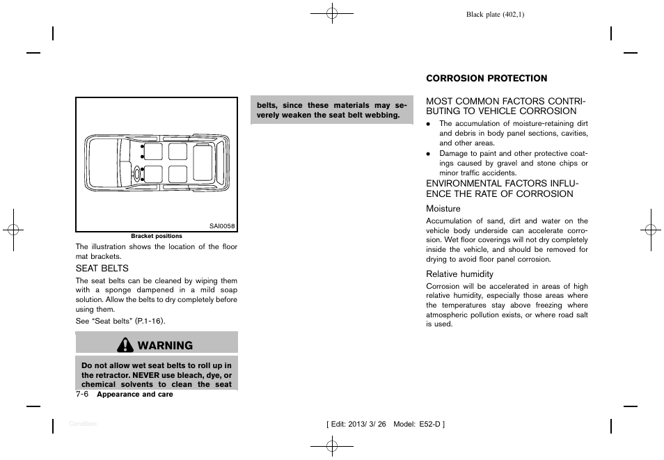 Seat belts -6, Corrosion protection -6, Warning | NISSAN 2013 Quest - Owner's Manual User Manual | Page 406 / 485