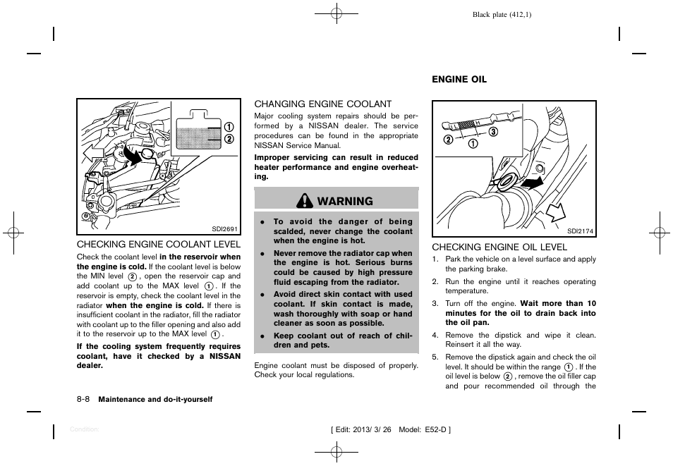 Engine oil -8, Checking engine oil level -8, Warning | NISSAN 2013 Quest - Owner's Manual User Manual | Page 416 / 485