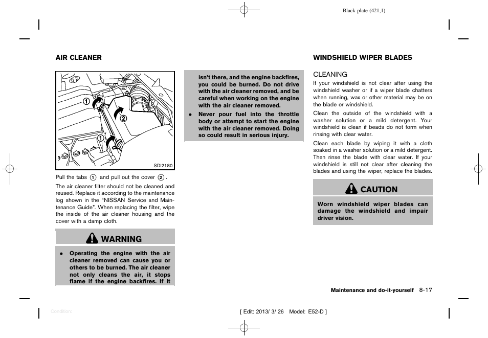 Air cleaner -17 windshield wiper blades -17, Cleaning -17, Warning | Caution | NISSAN 2013 Quest - Owner's Manual User Manual | Page 425 / 485