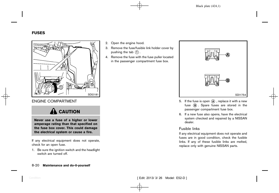 Fuses -20, Engine compartment -20, Caution | NISSAN 2013 Quest - Owner's Manual User Manual | Page 428 / 485