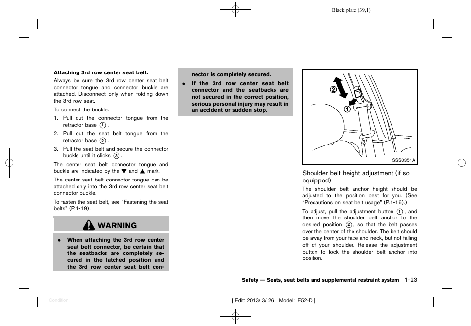 Warning | NISSAN 2013 Quest - Owner's Manual User Manual | Page 43 / 485