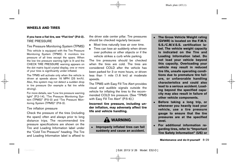 Wheels and tires -29, Tire pressure -29, Warning | NISSAN 2013 Quest - Owner's Manual User Manual | Page 437 / 485