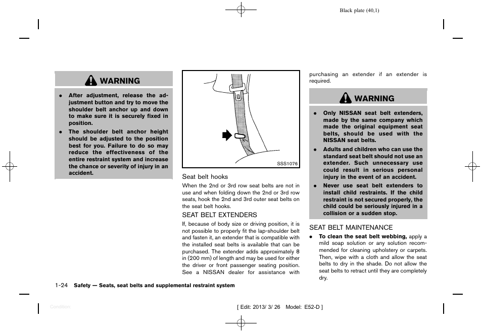 Seat belt extenders -24 seat belt maintenance -24, Warning | NISSAN 2013 Quest - Owner's Manual User Manual | Page 44 / 485