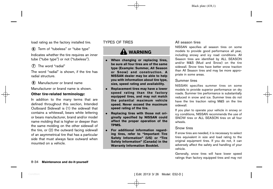 Types of tires -34, Warning | NISSAN 2013 Quest - Owner's Manual User Manual | Page 442 / 485