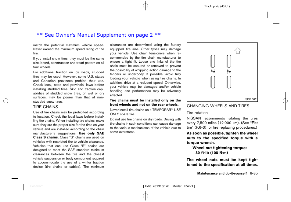 Tire chains -35 changing wheels and tires -35, See owner's manual supplement on page 2 | NISSAN 2013 Quest - Owner's Manual User Manual | Page 443 / 485