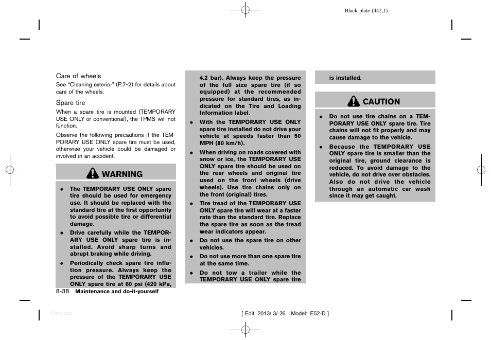 Warning, Caution | NISSAN 2013 Quest - Owner's Manual User Manual | Page 446 / 485