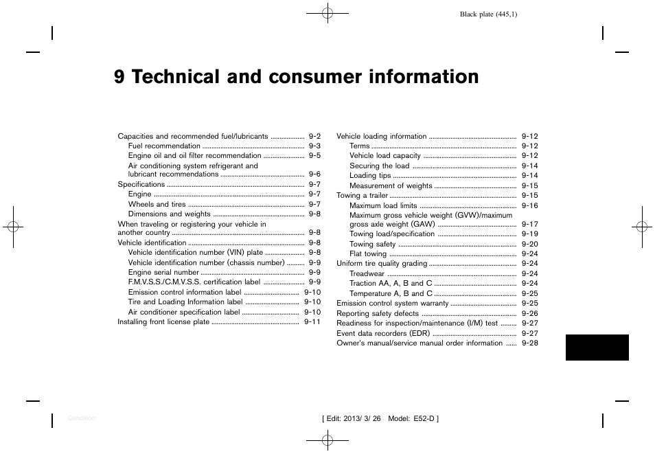 Technical and consumer information, 9 technical and consumer information | NISSAN 2013 Quest - Owner's Manual User Manual | Page 449 / 485