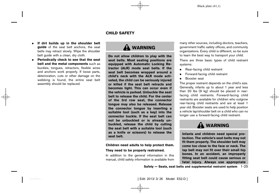 Child safety -25, Warning | NISSAN 2013 Quest - Owner's Manual User Manual | Page 45 / 485