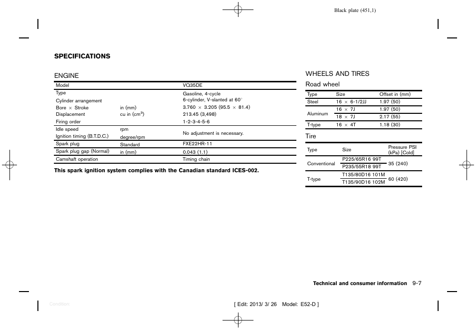 Specifications -7, Engine -7 wheels and tires -7 | NISSAN 2013 Quest - Owner's Manual User Manual | Page 455 / 485