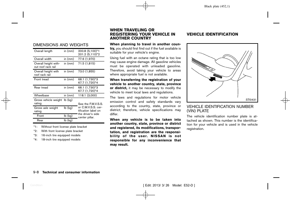 Dimensions and weights -8, Vehicle identification number (vin) plate -8 | NISSAN 2013 Quest - Owner's Manual User Manual | Page 456 / 485