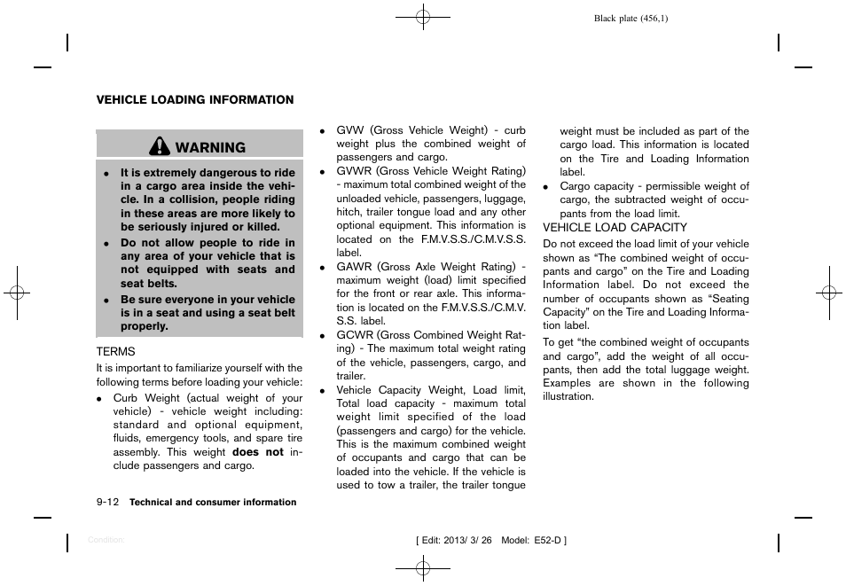 Vehicle loading information -12, Terms -12 vehicle load capacity -12, Warning | NISSAN 2013 Quest - Owner's Manual User Manual | Page 460 / 485