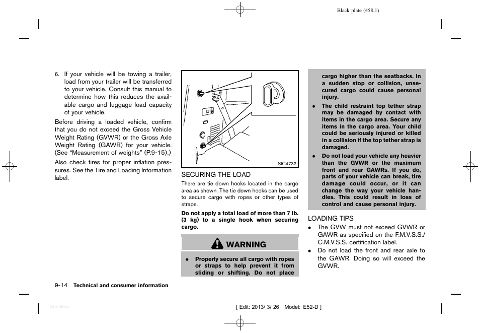 Securing the load -14 loading tips -14, Warning | NISSAN 2013 Quest - Owner's Manual User Manual | Page 462 / 485