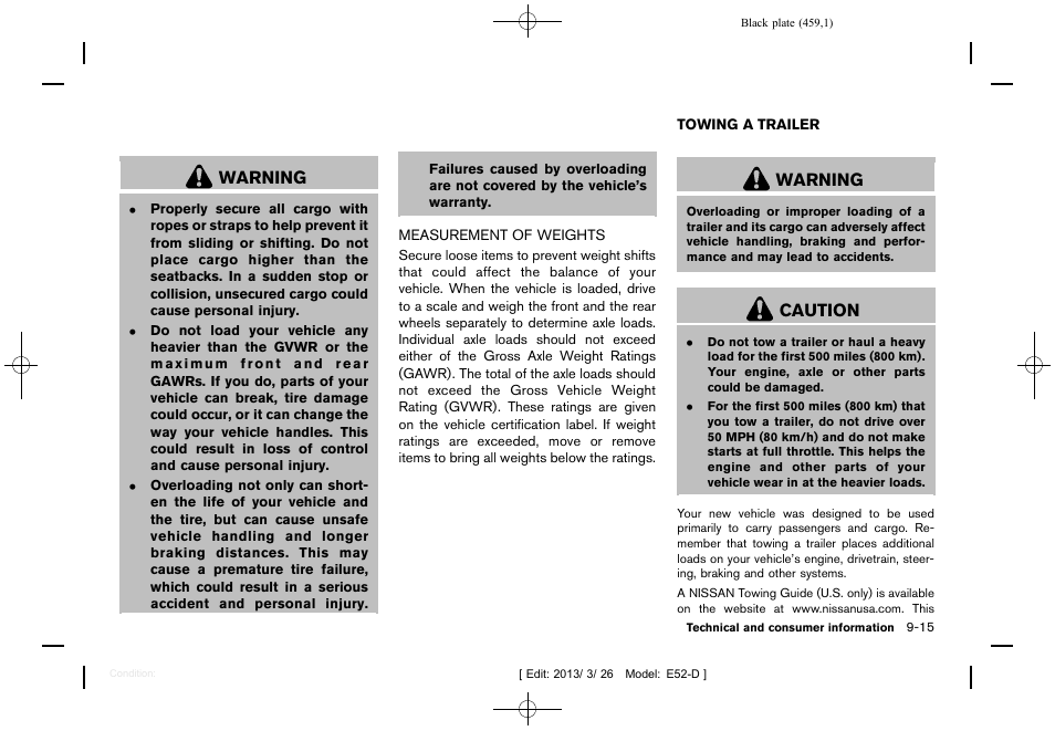 Measurement of weights -15, Towing a trailer -15, Warning | Caution | NISSAN 2013 Quest - Owner's Manual User Manual | Page 463 / 485