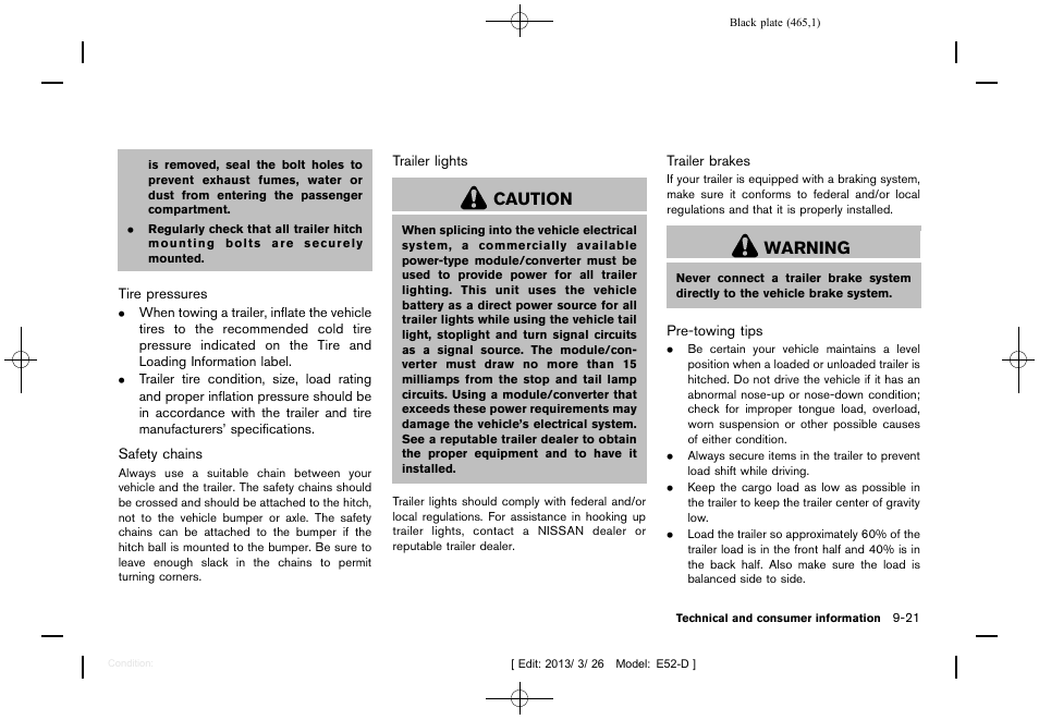 Caution, Warning | NISSAN 2013 Quest - Owner's Manual User Manual | Page 469 / 485