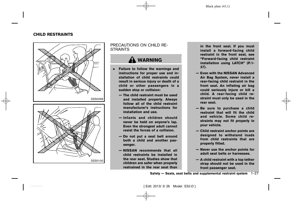 Child restraints -27, Precautions on child restraints -27, Warning | NISSAN 2013 Quest - Owner's Manual User Manual | Page 47 / 485